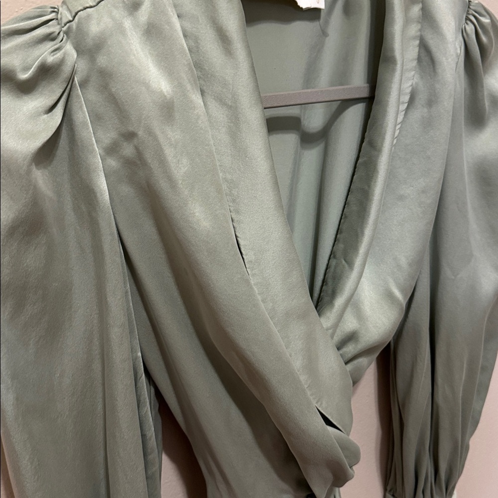 Zimmermann Silk Sage Green Long Sleeves Wrap Mini Dress - Picture 8 of 12